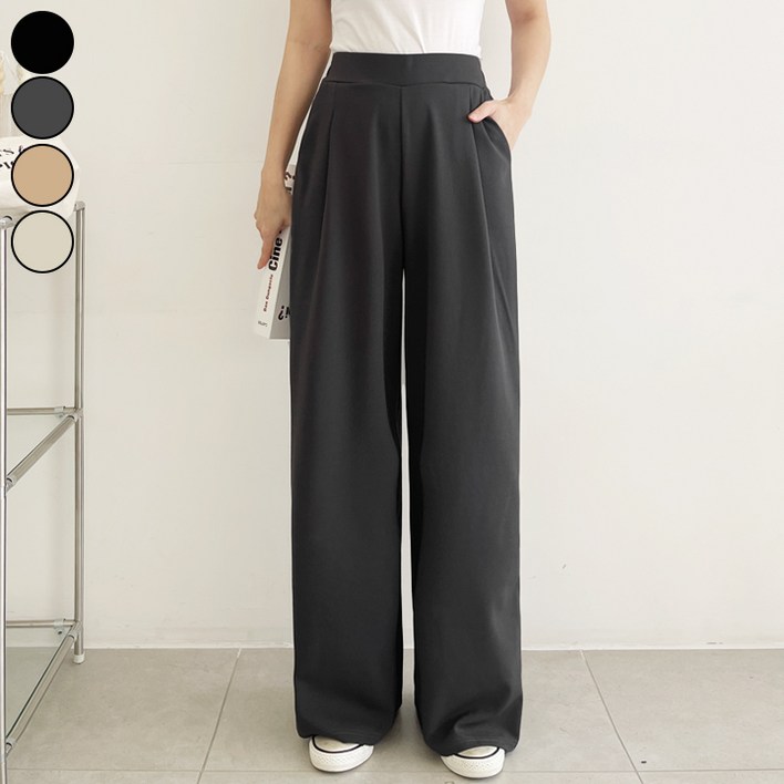 가비진 여성용 숏기본롱 기장선택 스판 좋은 핀턱 밴딩 일자 와이드 팬츠 키작녀 키큰녀 바지 빅사이즈까지