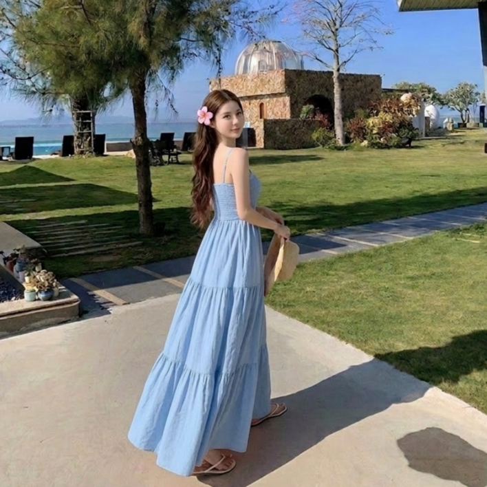 쁘띠엘라 휴양지 원피스 스모크밴딩 A라인 발목기장 빅사이즈 비치웨어