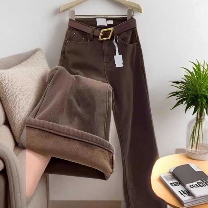 ORZQU 가을 겨울 여성 기모 와이드 청바지 하이웨이스트 통근 일자 청바지