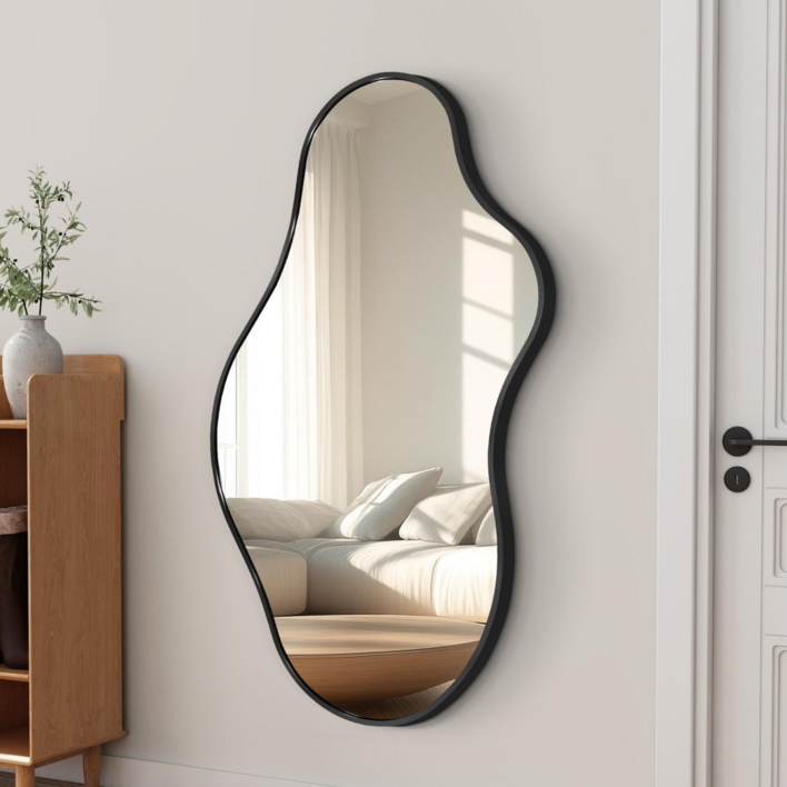 Fahomiss 비정형 깨지지 않는 유리 거울 인테리어 벽 거울 현관 안전 거울, 블랙