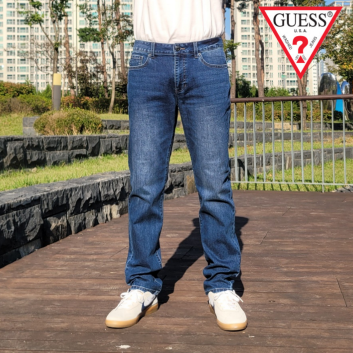 백화점 정품 게스 슬림 스트레이트 핏 진 남자 스판 청바지 다크 블루 워싱 데님 DBL