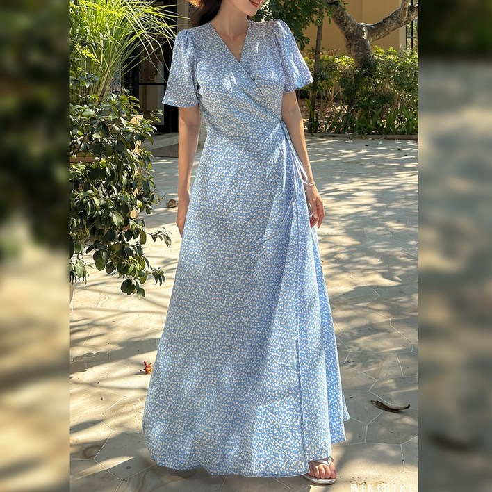 4488 커밍 랩 원피스 커버업 빅사이즈 반팔 랩 커버 맥시 롱 리본 끈 트임 슬릿 비치웨어 비치원피스 휴양지 여름 바캉스