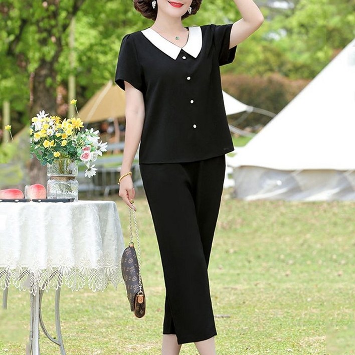 COSYEVNO  중년 여성 반팔 배색 칼라 버튼 세트 LFHmmtz8