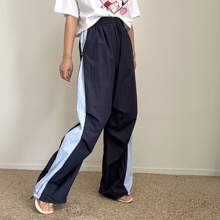 에이치스 유니크 사이드 배색 버튼 셔링 무릎주름 소프트 나일론 투웨이 여름 조거 와이드 트레이닝팬츠