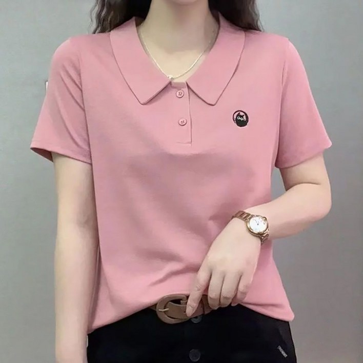 ROYALBELLE 여성 반팔 데일리 카라넥 티셔츠 캐주얼 프린트 버튼 디자인 베이직 티셔츠 F0041116