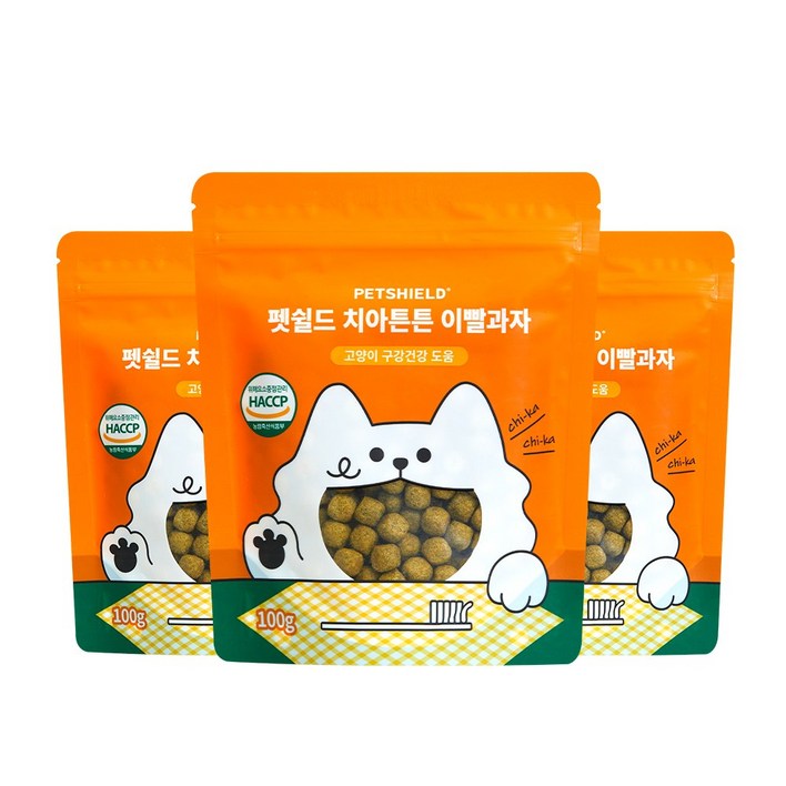 펫쉴드 고양이 덴탈 치아튼튼 이빨과자 치석 입냄새 제거, 3개, 100g, 닭고기맛