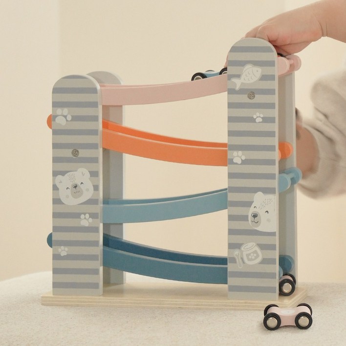 폴라비 유아 돌 아기 주차타워 주차장 원목 자동차 미니카 슬라이드 장난감, 1개