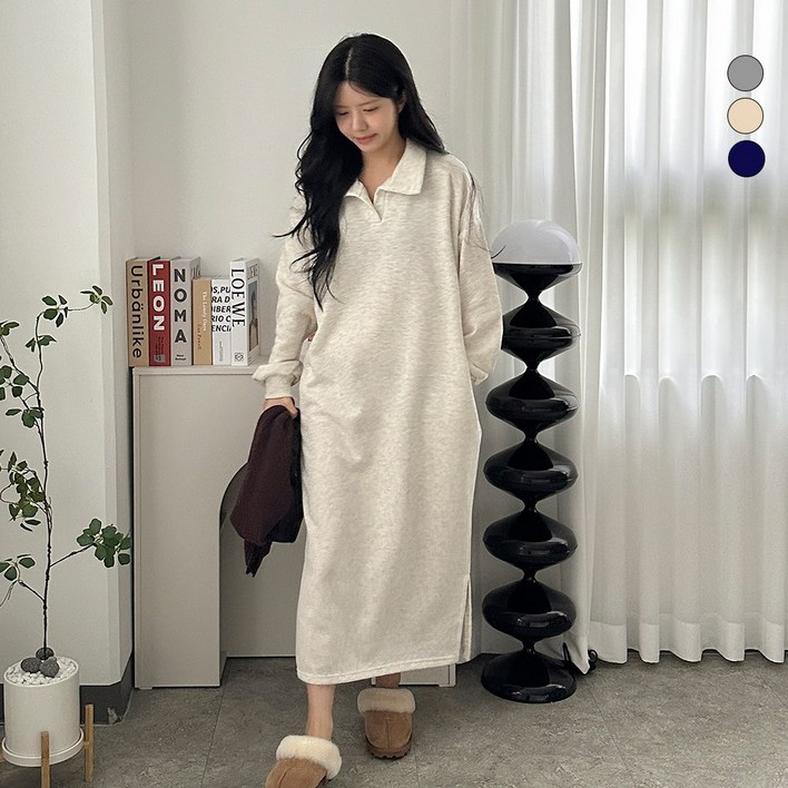 디테일웨어 여성 기모 카라넥 긴팔 원피스 빅사이즈 임부복 밑단트임 편한원피스 도톰한 겨울 포켓 롱원피스