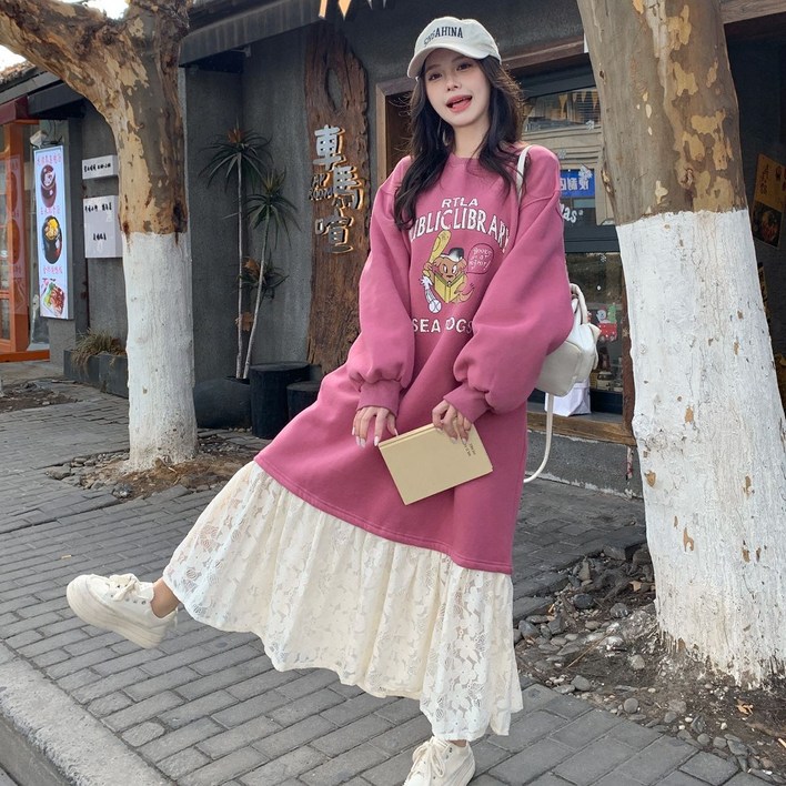 빅사이즈150kg 여성 캐주얼 맨투맨 레이스 롱스커트 데일리 박시핏 도톰 기모 롱티 롱원피스
