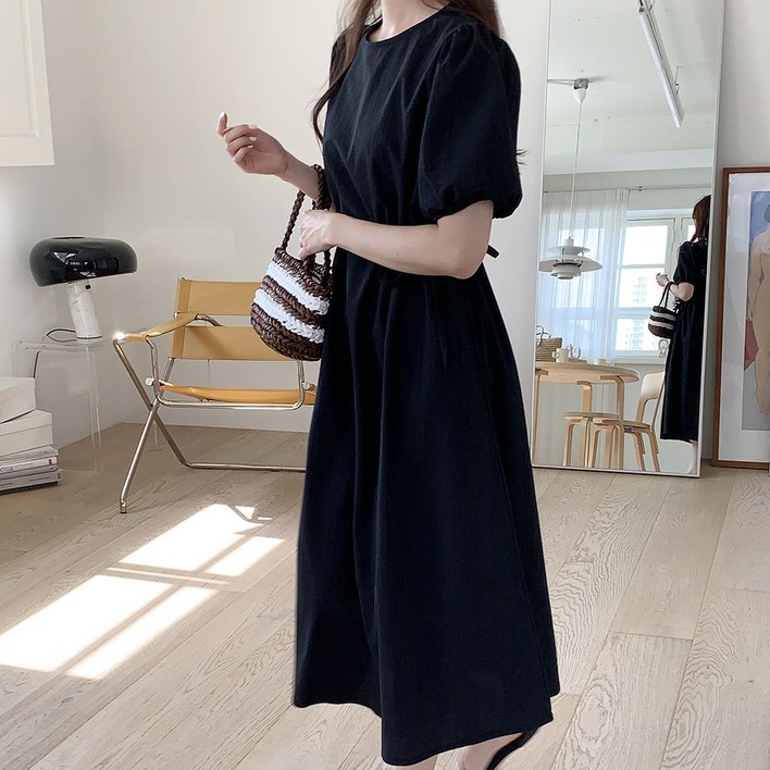 앤샵 자체제작국내생산 여성용 링클 아노락 반팔 셔링 롱 원피스3color