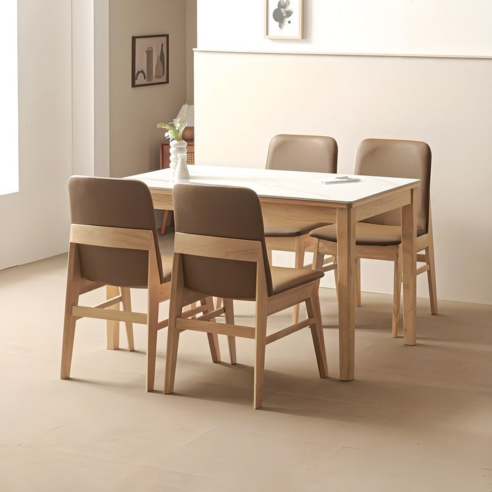 라로퍼니처 루아 1200 포세린 통 세라믹 4인 고무나무 원목 식탁 세트