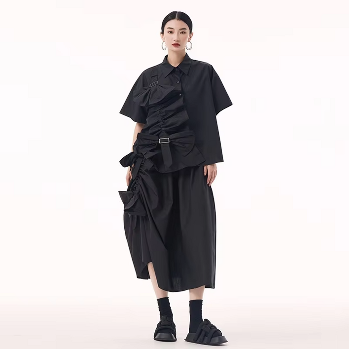 XITAO 터틀넥 언밸런스 여성 원피스 세트 풀 패션 솔리드 여름 미디엄 통 캐주얼 원피스 세트 GMM1374