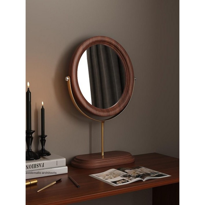 빈티지 원목 탁상거울 앤틱 원형 거울 탁상용 화장대 골드 프레임 월넛 타원형받침대