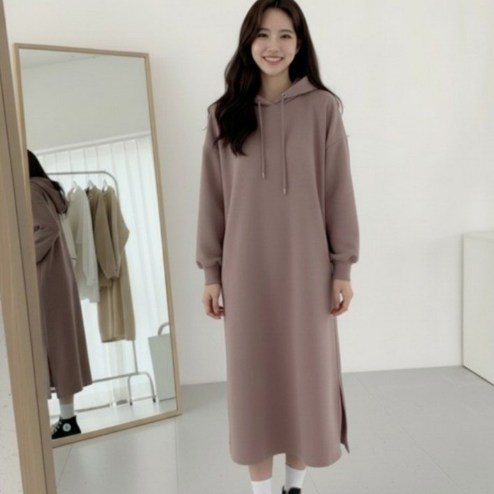 리파니 루즈핏 맨투맨 옆트임 기모 후드 롱 원피스