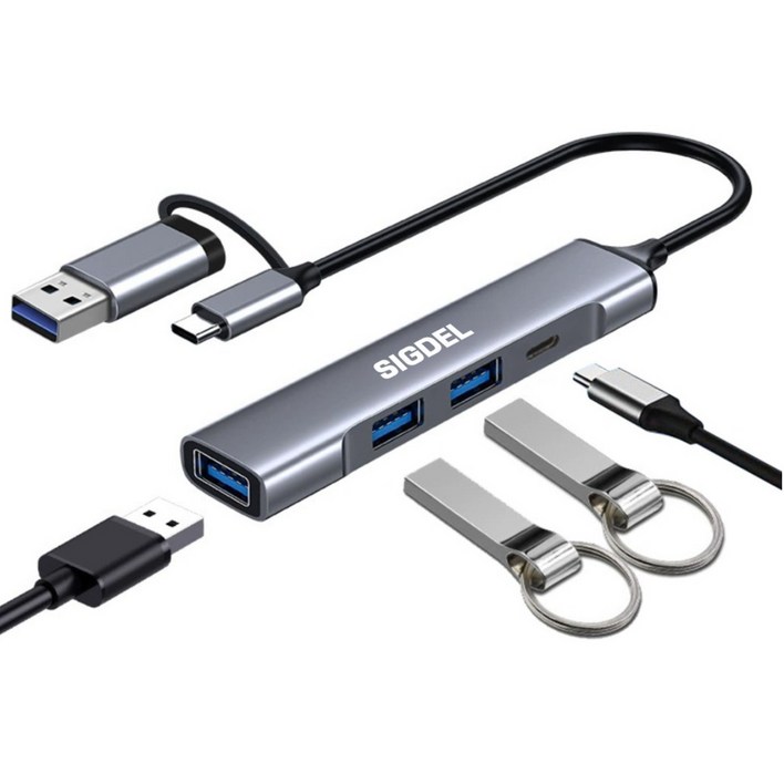 시그델 슬림형 4in1 USB 3.0 C타입 겸용 멀티 허브 4포트 USB3 C타입1 젠더 C to USB 노트북 컴퓨터 확장 포트 UH08, 1개, 메탈실버