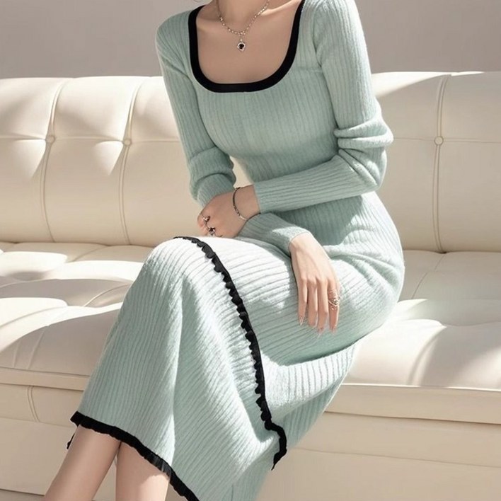 COSYEVNO 여성 봄가을 긴팔 니트 슬림 롱 원피스 스퀘어넥 배색 TZKzzlyq10