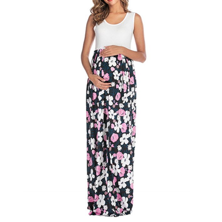 출산 비치웨어 플라워 리프 패턴 임산부 민소매 원피스