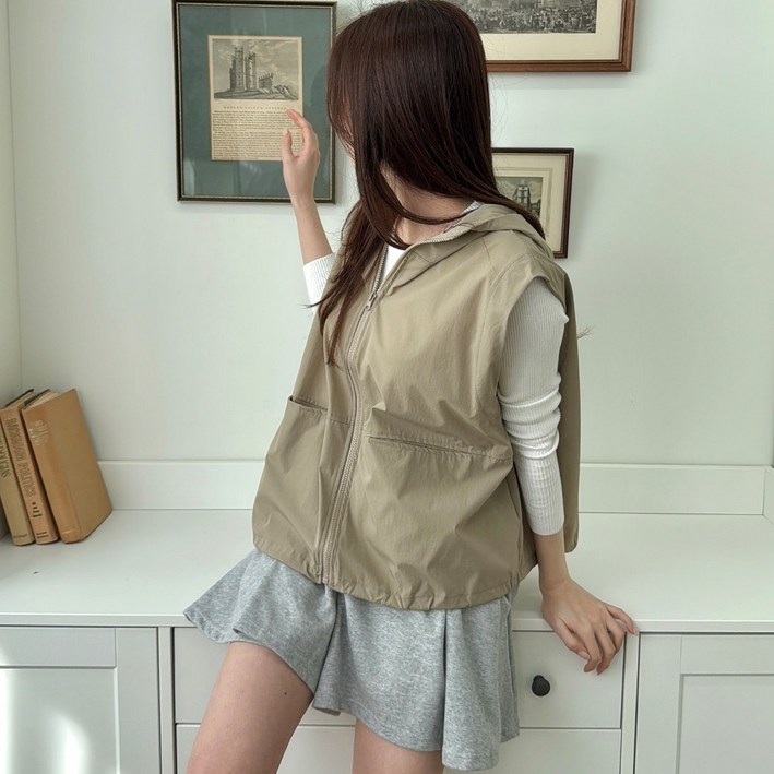 메이징 여성용 루즈핏 바스락 A라인 스트링 조끼 후드 바람막이 자켓
