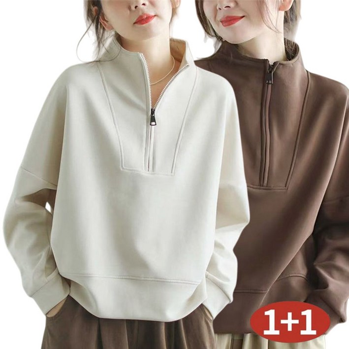 AOKADA 1+1 겨울 여성티셔츠 카라넥 캐주얼 루즈핏 긴팔티 블라우스 기모 맨투맨 티