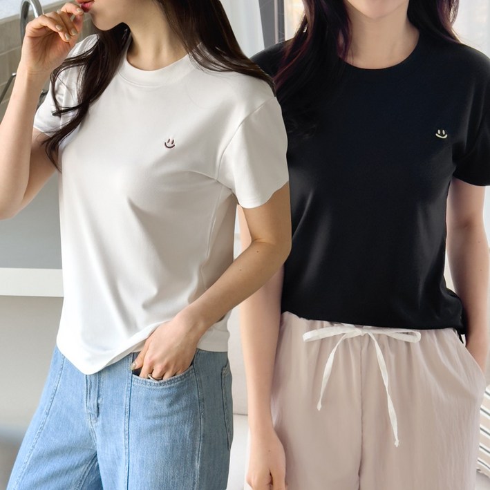 제이그린 여성 심플 스마일 자수 라운드넥 반팔 티셔츠 2P