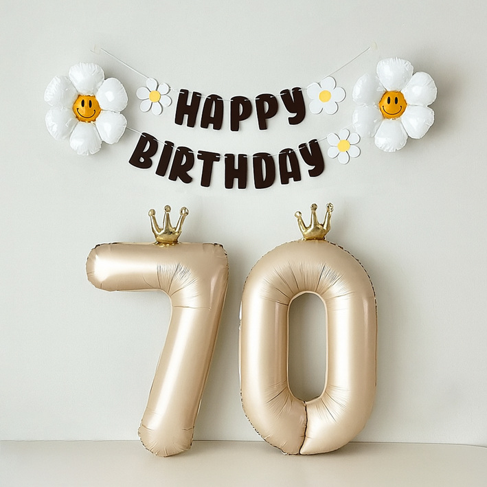 해피제이니 환갑이벤트 데이지 숫자풍선 환갑 칠순 생일 파티용품 세트, 1세트, 베이지왕관70