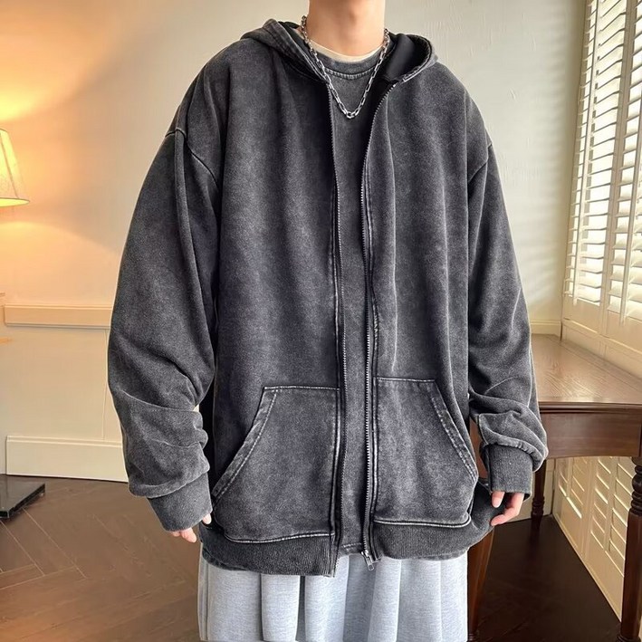 AOKADA 남성 후드 집업 워싱면 츄리닝 점퍼 봄 가을 맨투맨 후드티 간절기 트레이닝 잠바