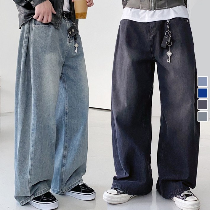 프리미엄 S-3XL 롱/기본 Y2K 옆 셔링 절개 와이드 데님 팬츠 청바지