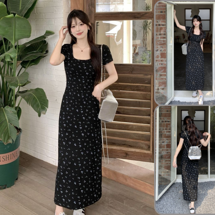 여성 플라워 스퀘어넥 슬림핏 롱원피스, 여름 하객룩 데일리룩 추천