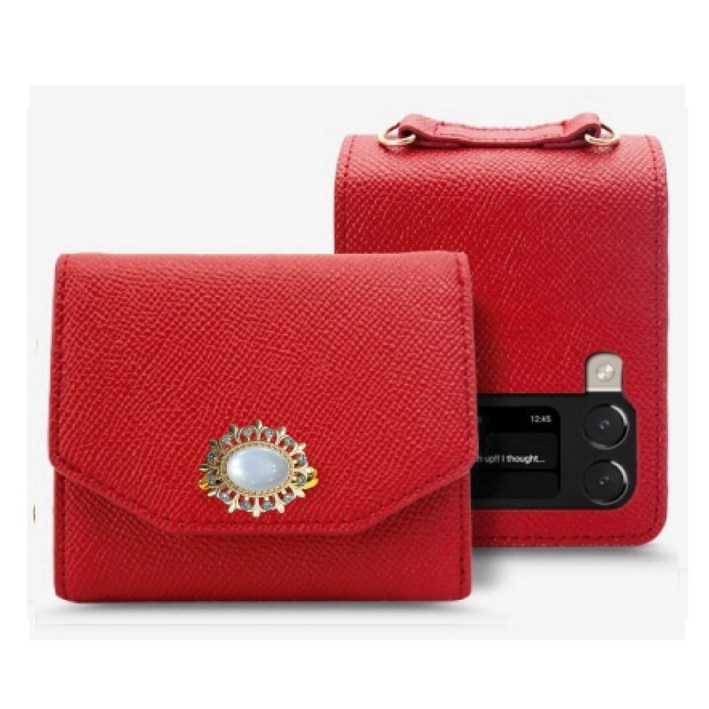 갤럭시 Z플립4  앤틱 펄 천연 소가죽 금속장식 지폐1칸카드4장 수납 지갑형 케이스  핸드스트랩