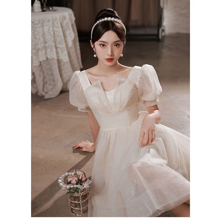 FANSYLI 신상 파티 이브닝 드레스 여성 패션 V넥 버블 소매 드레스 스커트 고급감 스팽글 드레스 스커트 롱 공연 드레스 스커트 사회자 드레스 스커트 단체 드레스 스커트 라지