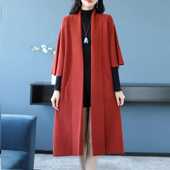 4 Colors 여성 봄가을 노칼라 니트 롱 가디건 버튼 없고 패턴 없는 7부 소매 두꺼운 숄 아우터 캐주얼 루즈핏 플러스 사이즈 탑