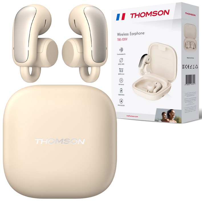 프랑스 톰슨 블루투스 6.0 ENC 노이즈 캔슬링 생활 방수 오픈형 귀걸이 무선 블루투스 이어폰, 아이보리, TBE701IV