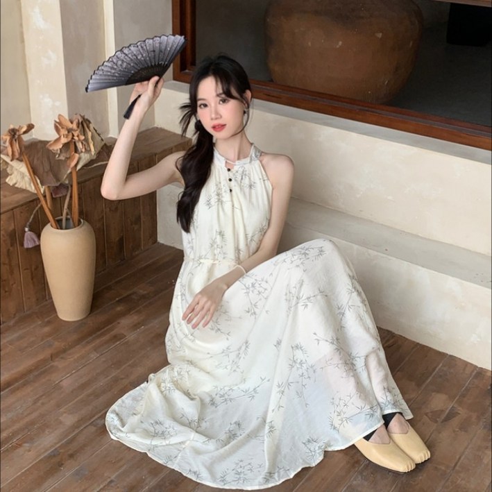 미중 여성 여름 뉴 프린트 기질 홀터넥 민소매 스트링 허리조임 박시 롱 원피스 cxyf