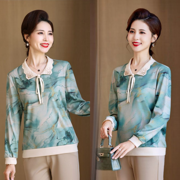 Asure 중년 여성 프릴 카라넥 긴팔 기본긴팔티 엄마 옷