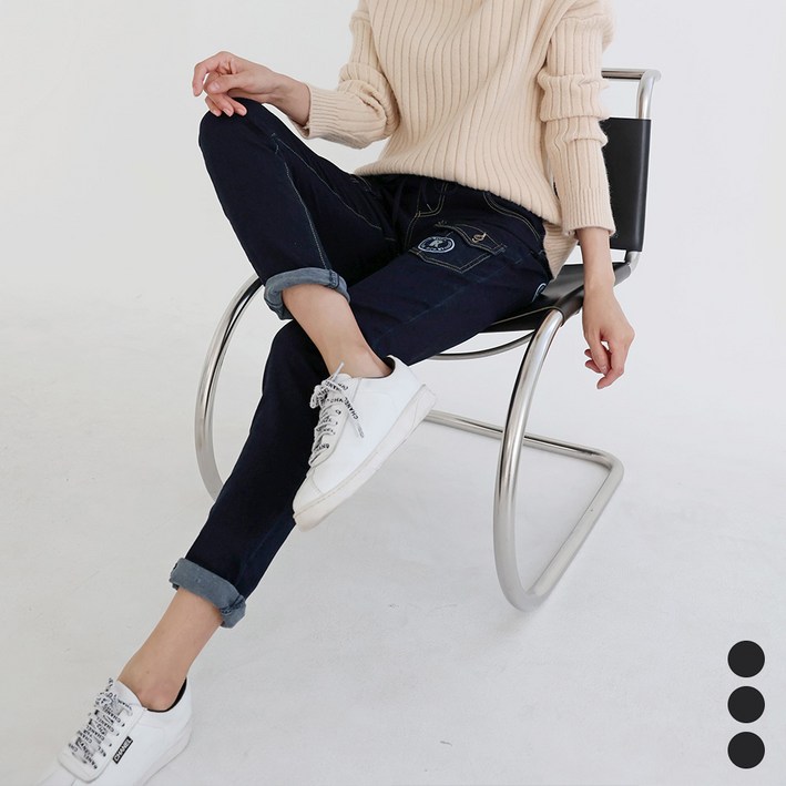 중년여성 자수패치 가을 데님 슬림 팬츠 골프 스판 허리 밴딩 청바지 pants