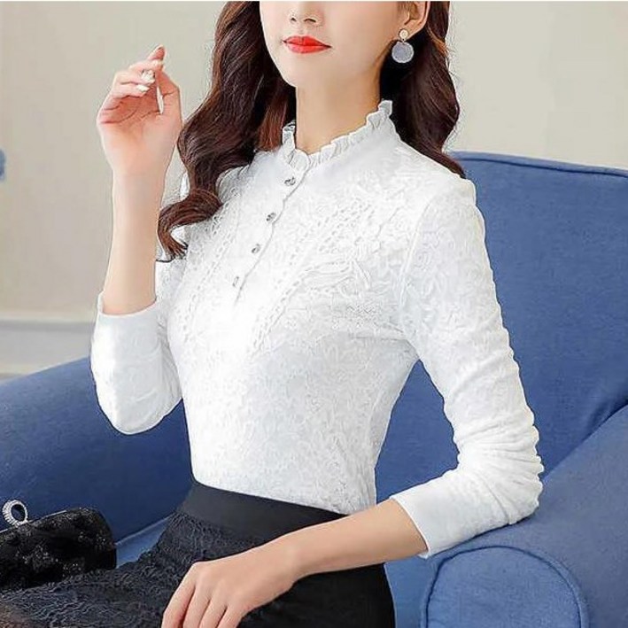 여성용 가을 겨울 빅사이즈 자수 이너티 레이스 기모 따뜻한 긴팔 티셔츠