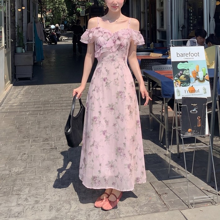 여성 여름 나시 원피스 러플 쉬폰 플라워 롱 원피스 JQ250401