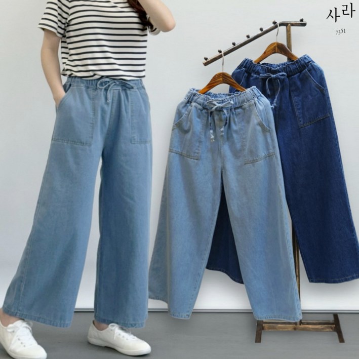 사라7351 부드러운 데님 밴딩 통청바지 9부 사라7351 부드러운 데님 밴딩 통청바지 9부