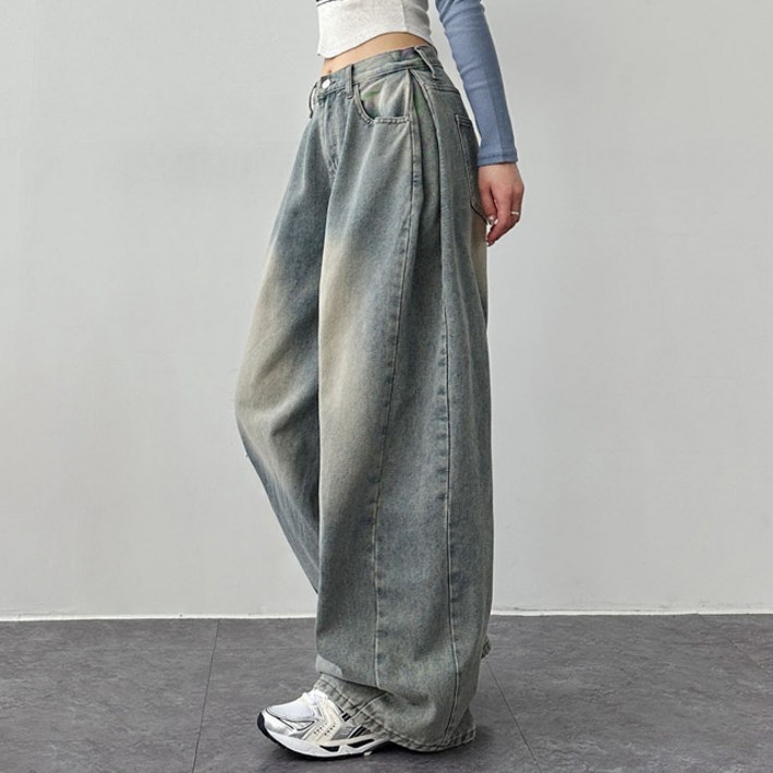 [당일발송][2단 기장/~3XL/빅사이즈]베이직 옆 핀턱 절개 워싱 벌룬 와이드 데님 팬츠 - 4color