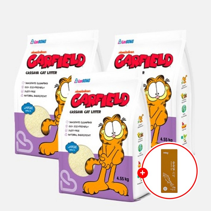 3개세트 가필드 고양이모래 보라굵은입자 4.55kg 카사바모래  공공일스틱 명태 1팩