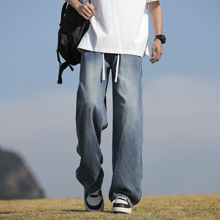 AOKADA 남성 와이드 데님 팬츠 가을 오버핏 일자 통청바지