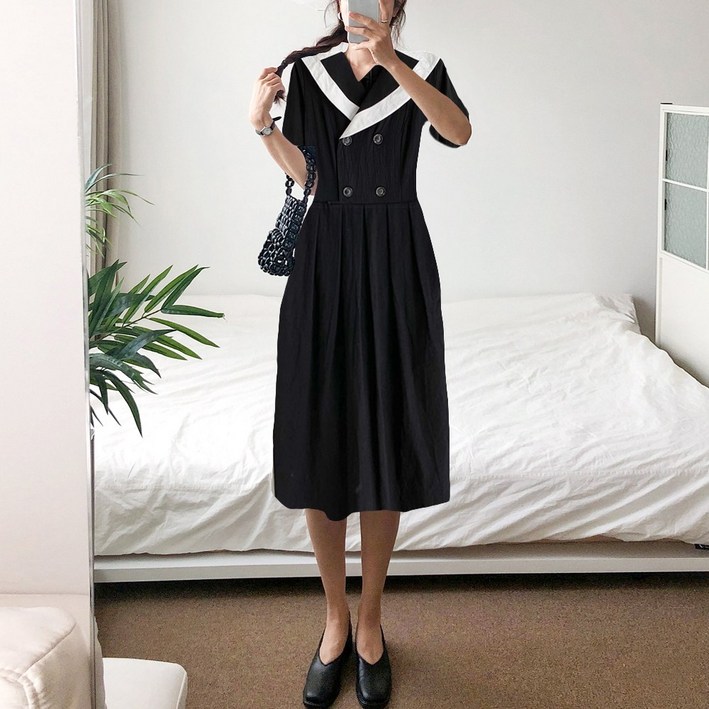 요시아나 당일발송 테일러카라 배색 더블단추 원피스 2컬러