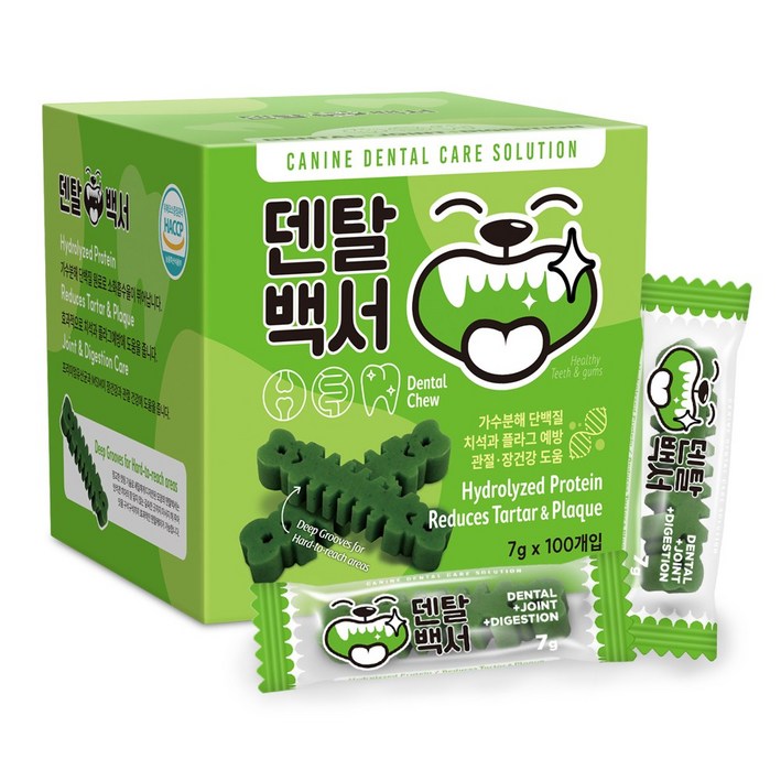 덴탈백서 가수분해 강아지 덴탈 기능성껌, 7g, 100개, 그린(관절+장)[S]