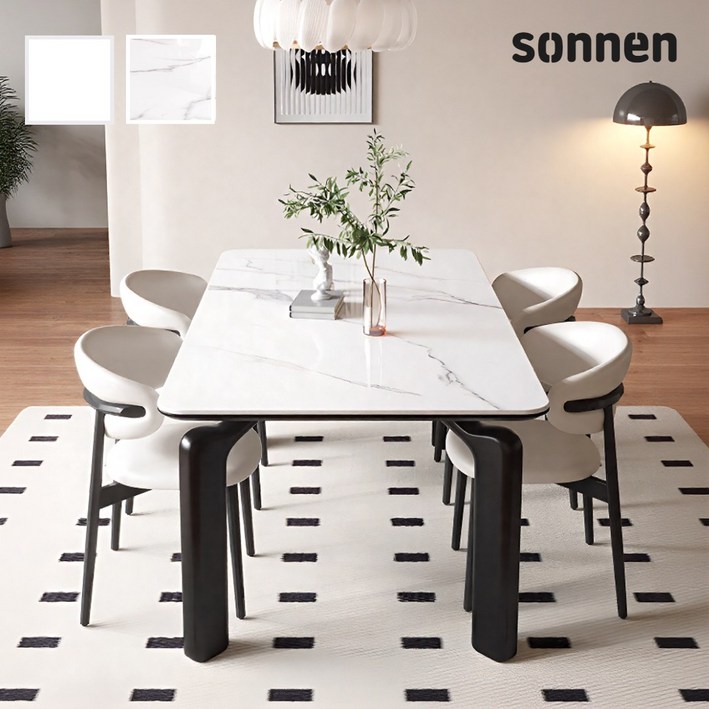 [소넨] 4인용식탁세트 4인 세라믹 테이블 카페 주방 테이블 인테리어 거실 체어 탁자 북유럽, 07마블화이트140x80x75+블랙체어4개
