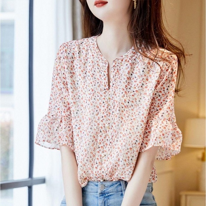 휠렉스 여성 브이넥 꽃무늬 패션 반팔 블라우스 YA27