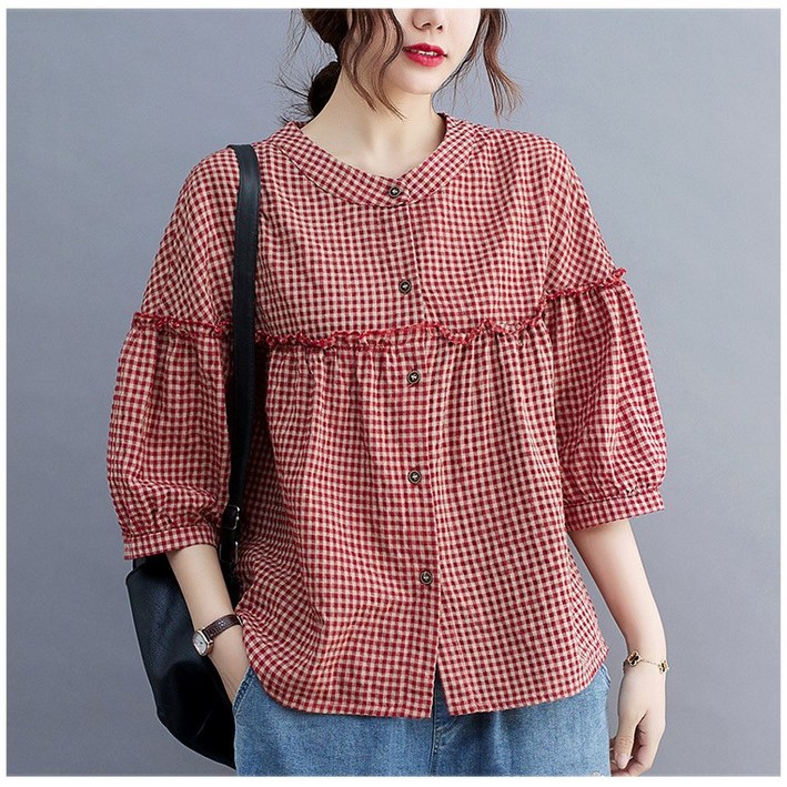 히트그램 여성 셔링 블라우스 체크 셔츠 남방