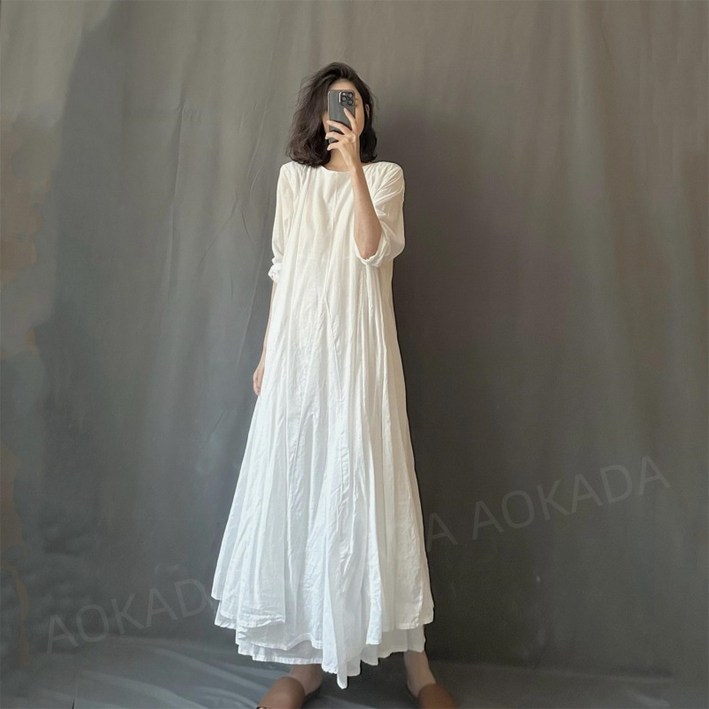 AOKADA 여성 봄 여름 심플 오버핏 라운드넥 긴팔 A라인 맥시 원피스
