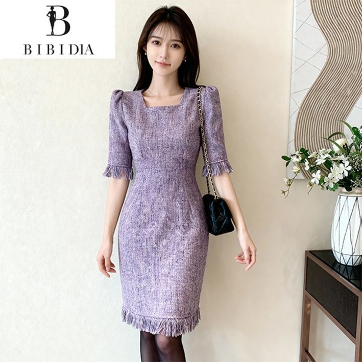 비비디아 여성용 트위드 원피스 퍼프소매 반팔 하객룩 결혼식 오피스 정장 여성 미디 원피스 5580