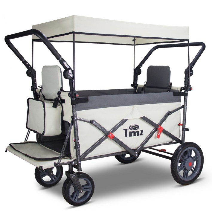접이식 야외 유틸리티 왜건 캐노피가 있는 해변 왜건 카트 캠핑 쇼핑 정원 및 해변을 위한 휴대용 접이식 왜건 접이식 캠핑카 좌석 포함, 1개, 베이지/그레이