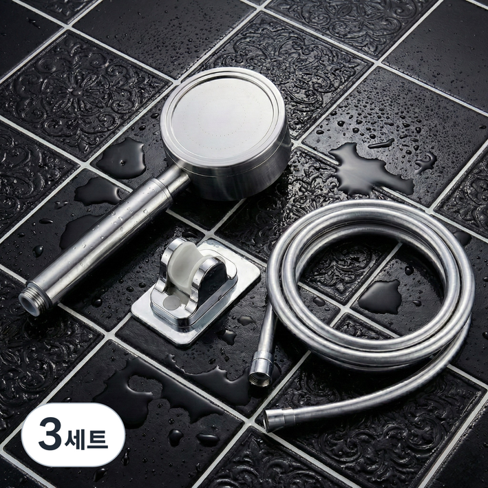 시그니처 스텐 샤워헤드 거치대 샤워줄세트 (샤워헤드+꼬임방지샤워줄+무타공샤워기거치대), 샤워헤드+무타공거치대+꼬임방지샤워줄(1.5M), 3세트